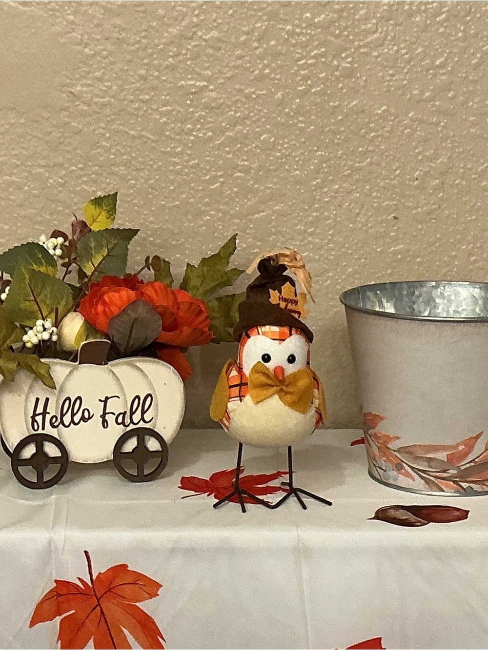 Hello Fall Wood Wagon & Flowers, Plaid Dressed Bird and Metal Bucket Decor. New